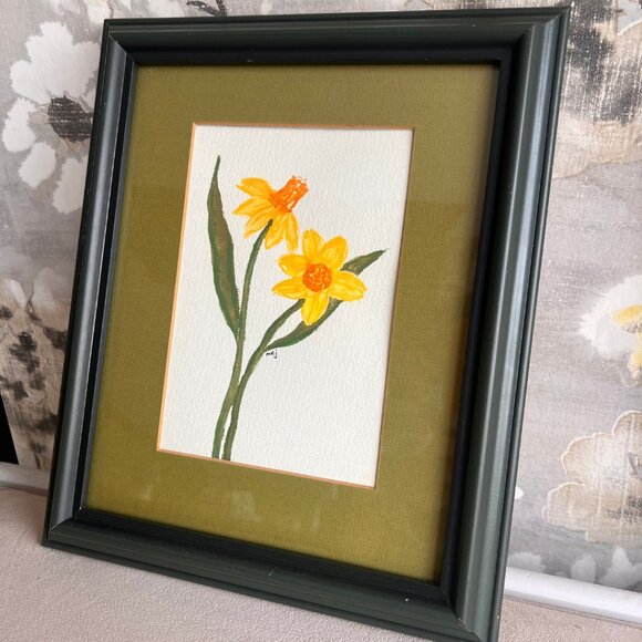 Vintage Wooden Frame with Original Watercolour Painting | Spring Daffodils - Picture 1 of 5